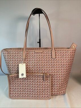 NWT Tory Burch Ever-Ready Tote Pink Geo Print Shopper w/ Matching Zip Pouch